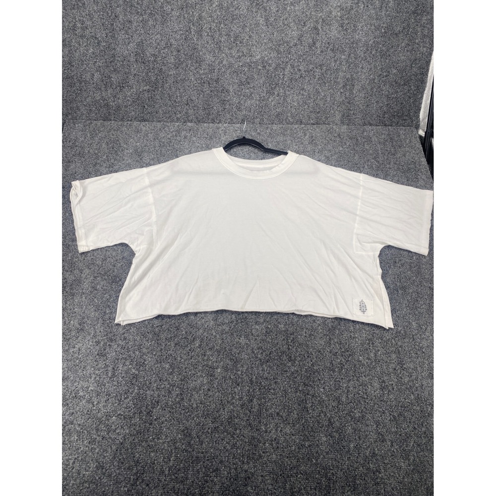 FP Movement Free People Crop Top Womens Large White Boxy Raw Hem Short Sleeve